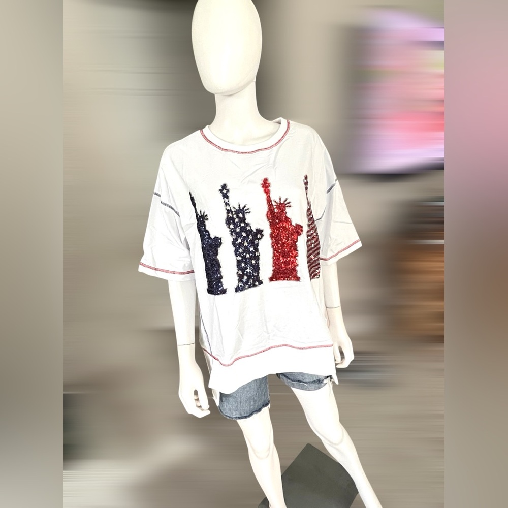 FANTASTIC FAWN sequin liberty patriotic oversized white tee S M L - Picture 5 of 9